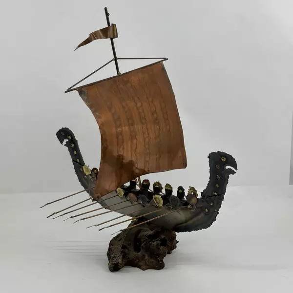 Torch Cut Metal Viking Longship Sculpture On Wood Burl Base