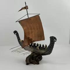 Torch Cut Metal Viking Longship Sculpture On Wood Burl Base
