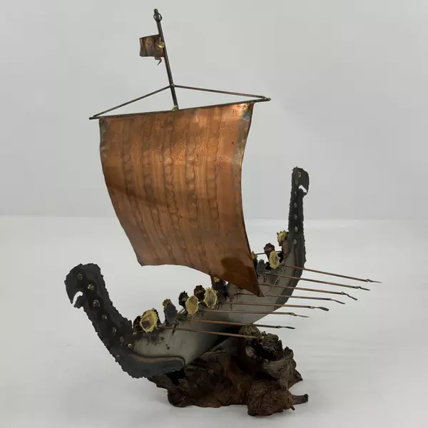 Torch Cut Metal Viking Longship Sculpture On Wood Burl Base