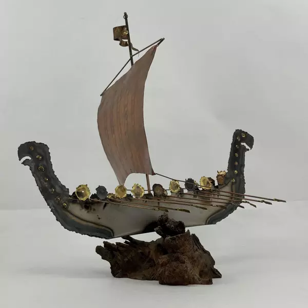 Torch Cut Metal Viking Longship Sculpture On Wood Burl Base
