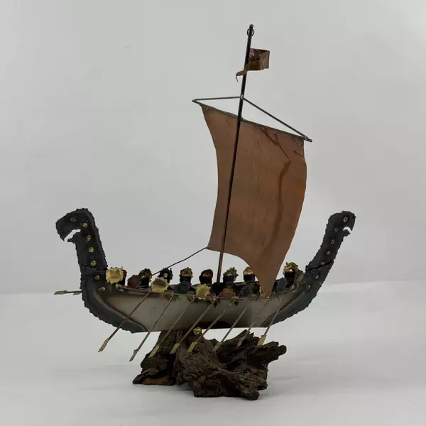 Torch Cut Metal Viking Longship Sculpture On Wood Burl Base