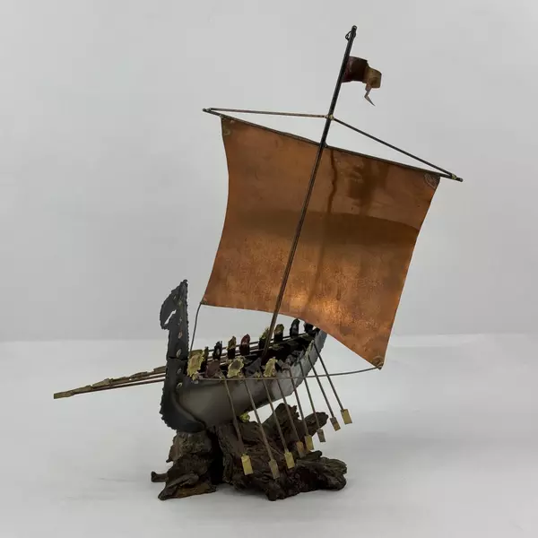 Torch Cut Metal Viking Longship Sculpture On Wood Burl Base
