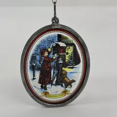Victorian Girl and Dog Mailbox Scene Christmas Post Glass and Metal Suncatcher