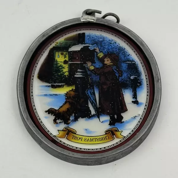 Victorian Girl and Dog Mailbox Scene Christmas Post Glass and Metal Suncatcher