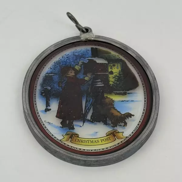 Victorian Girl and Dog Mailbox Scene Christmas Post Glass and Metal Suncatcher