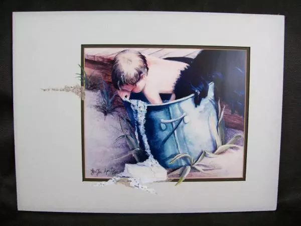 'Looking For The Soap' Painting By Geri Lee Lithograph Boy Dog in Bucket COA