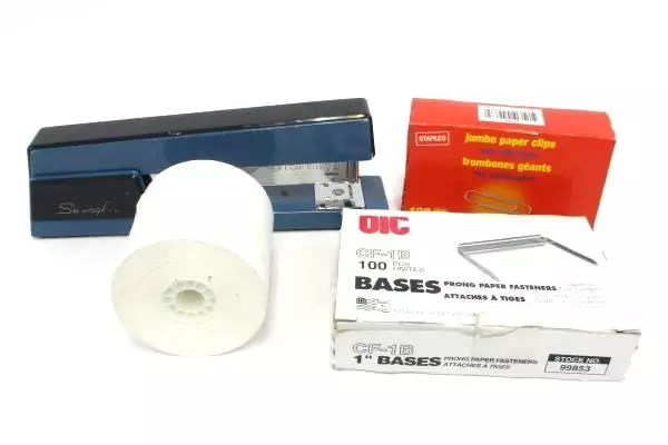 Lot of Office Supplies: Swingline Stapler, Paper Clips, Fasteners, Receipt Paper
