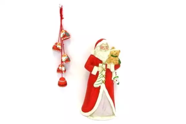 Lot of 2 Hand Painted Santa Figurine & Hanging Bells Holiday Decor