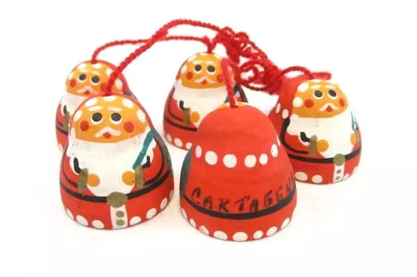 Lot of 2 Hand Painted Santa Figurine & Hanging Bells Holiday Decor