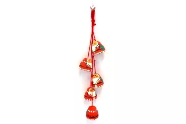 Lot of 2 Hand Painted Santa Figurine & Hanging Bells Holiday Decor