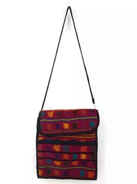 New Boho Burgundy Tribal Guatemalan Hand Woven Crossbody Bag 14"x12"