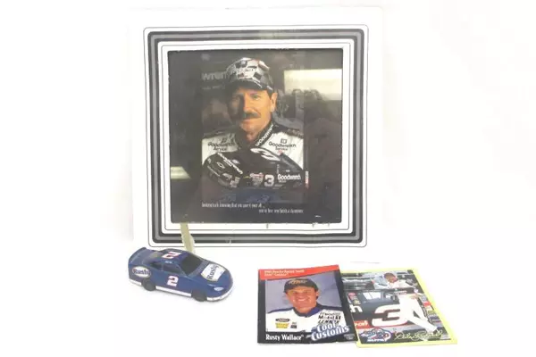 Lot of NASCAR Memorabilia Dale Earnhardt Framed Photo & Rusty Wallace Car