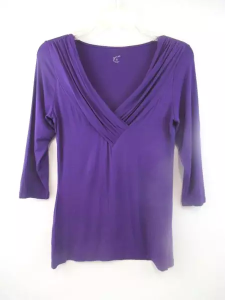 GNW Shirt Top Purple 3/4 Sleeves V-Neckline Rouching Stretch Women's Size Small