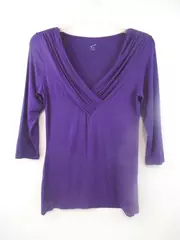 GNW Shirt Top Purple 3/4 Sleeves V-Neckline Rouching Stretch Women's Size Small