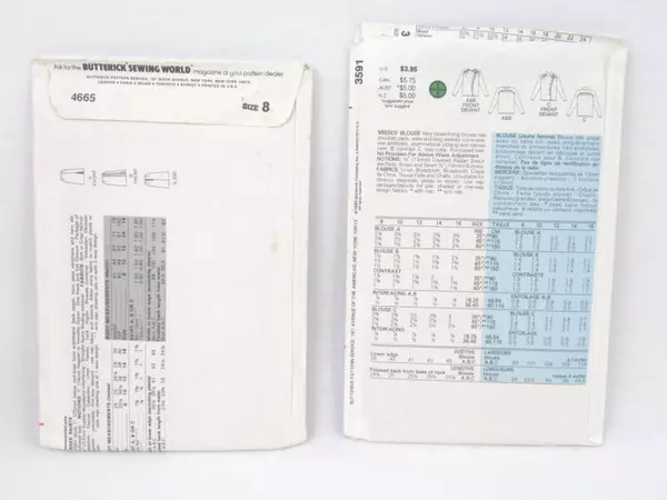 Lot of 2 Vintage Butterick Size 8 Sewing Patterns for Blouse & Skirt