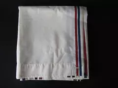 Vintage JC Penney Twin Top Sheet Striped Beige Red Blue Button Holes 94"x55"