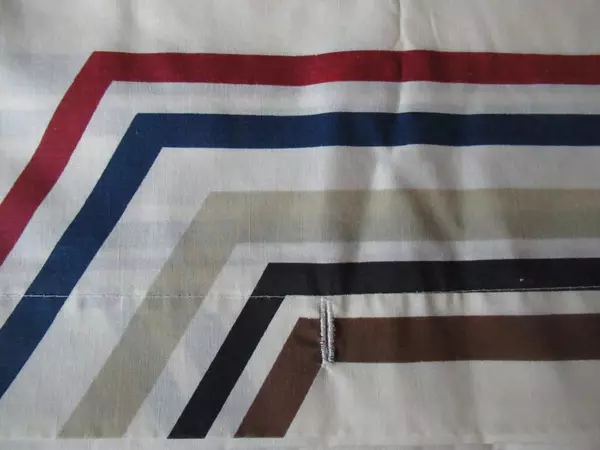 Vintage JC Penney Twin Top Sheet Striped Beige Red Blue Button Holes 94"x55"