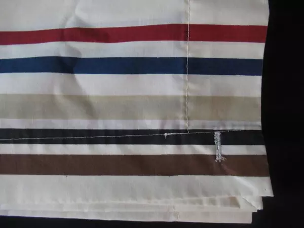 Vintage JC Penney Twin Top Sheet Striped Beige Red Blue Button Holes 94"x55"