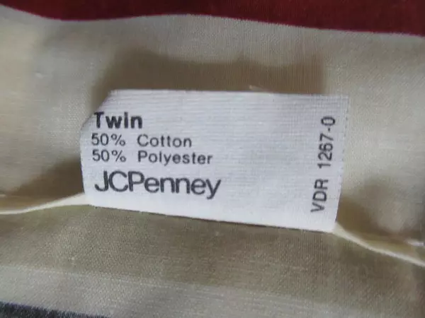 Vintage JC Penney Twin Top Sheet Striped Beige Red Blue Button Holes 94"x55"