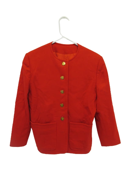 Women's Red Textured Blazer Jacket Size 4 Gold Buttons, Good Condition