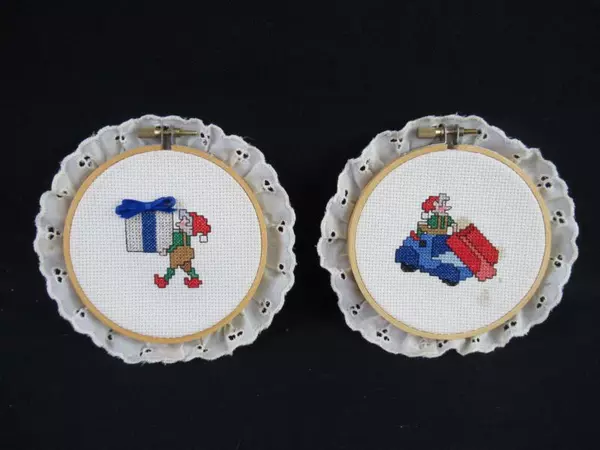 Lot of 2 Vintage Elf Cross Stitch Wall Hangings 5.5in Embroidery Decor