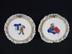 Lot of 2 Vintage Elf Cross Stitch Wall Hangings 5.5in Embroidery Decor