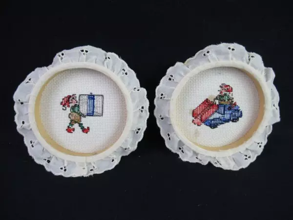 Lot of 2 Vintage Elf Cross Stitch Wall Hangings 5.5in Embroidery Decor