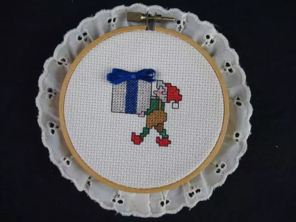 Lot of 2 Vintage Elf Cross Stitch Wall Hangings 5.5in Embroidery Decor