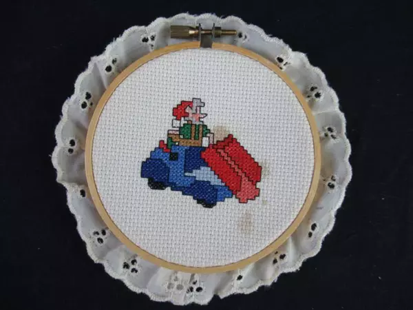 Lot of 2 Vintage Elf Cross Stitch Wall Hangings 5.5in Embroidery Decor