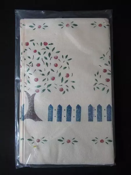 Vintage 1986 CA Reed Sealed Tablecloth Apples Trees Fences 52"x96" Retro Decor