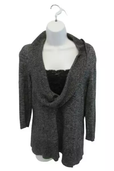 Alfani Women's Black Gray Cowl Neck Lace Sweater Size PM Petite Medium