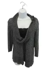 Alfani Women's Black Gray Cowl Neck Lace Sweater Size PM Petite Medium