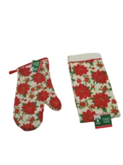 Christmas House Poinsettia Oven Mitt & Dish Towel Set NWT Red Green