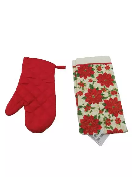 Christmas House Poinsettia Oven Mitt & Dish Towel Set NWT Red Green