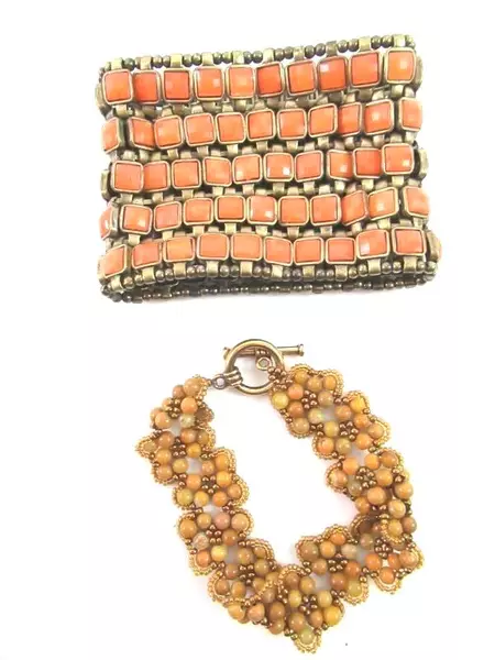 Lot of 2 Women's Beaded Fashion Bracelets - Orange & Brown Styles