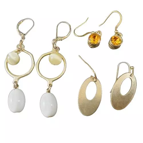 Lot of 3 Pairs Gold Tone Dangle Earrings with Amber Beads & Unique Designs