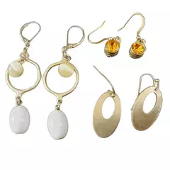 Lot of 3 Pairs Gold Tone Dangle Earrings with Amber Beads & Unique Designs