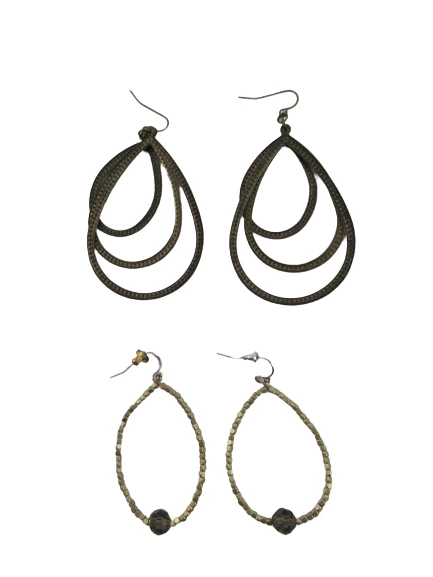 2 Pairs Antique Bronze Dangle Earrings Teardrop Beaded Fashion Lot