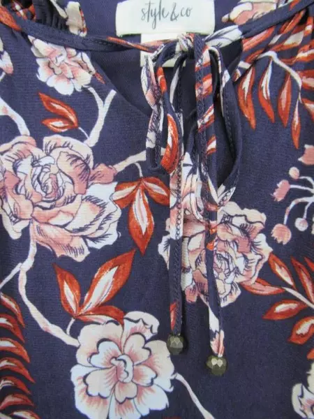 Style & Co Blouse Shirt Top Navy Blue-Purple Multicolor Floral Pattern Women's M