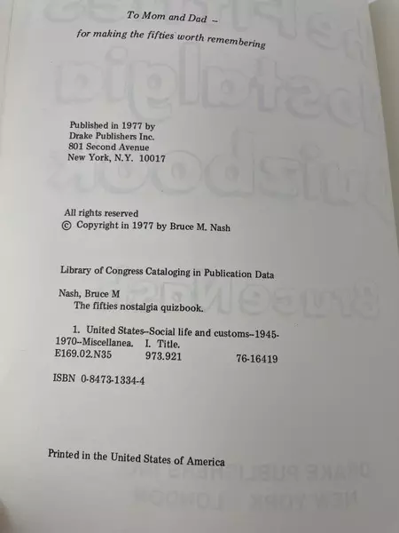 Vintage 1977 The Fifties Nostalgia Quizbook by Bruce Nash - Good Condition