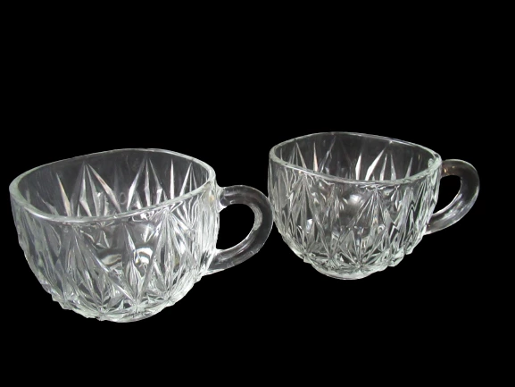 Set of 2 Vintage Square Cups Mugs Clear Pressed Glass Starburst Pattern