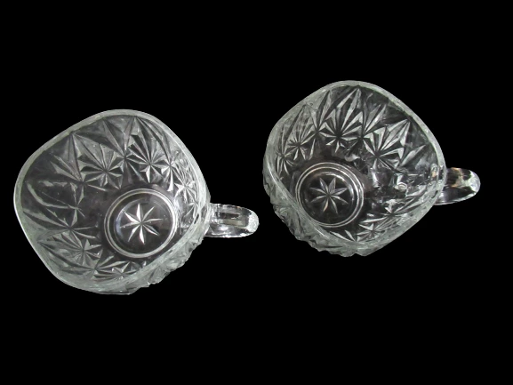 Set of 2 Vintage Square Cups Mugs Clear Pressed Glass Starburst Pattern