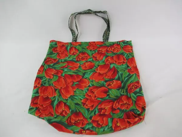 Handmade Floral Red Green Tote Bag with Double Handles - Very Good Condition