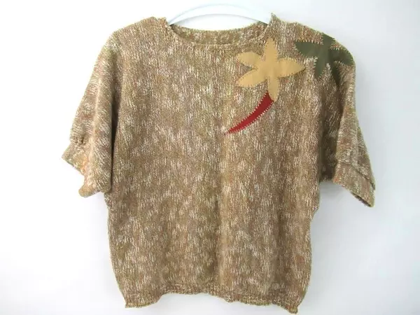 Vintage Crochet Knit Sweater Women's L Brown Orange Faux Leather Accents