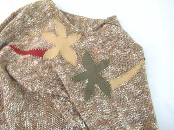 Vintage Crochet Knit Sweater Women's L Brown Orange Faux Leather Accents