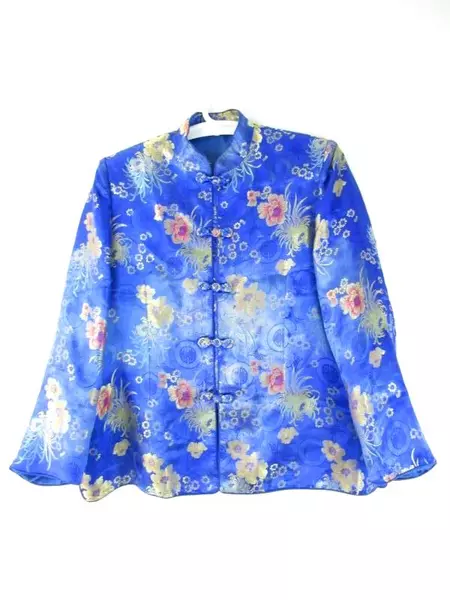 Royal Blue Floral Satin Mandarin Top Size 42 Long Sleeve Women's Formal