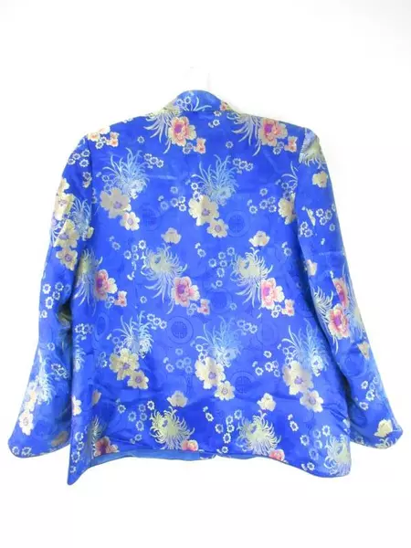Royal Blue Floral Satin Mandarin Top Size 42 Long Sleeve Women's Formal