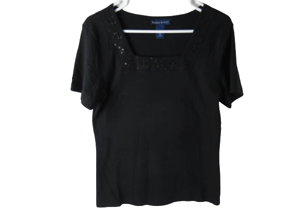 Karen Scott Black Beaded Square Neck Tee Shirt Women's Small 100% Cotton