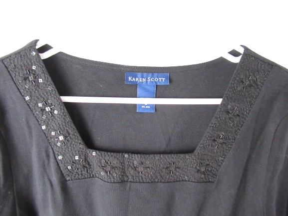 Karen Scott Black Beaded Square Neck Tee Shirt Women's Small 100% Cotton