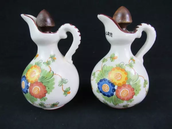 Vintage Ceramic Oil & Vinegar Dispenser Set with Floral Design & Wood Stoppers